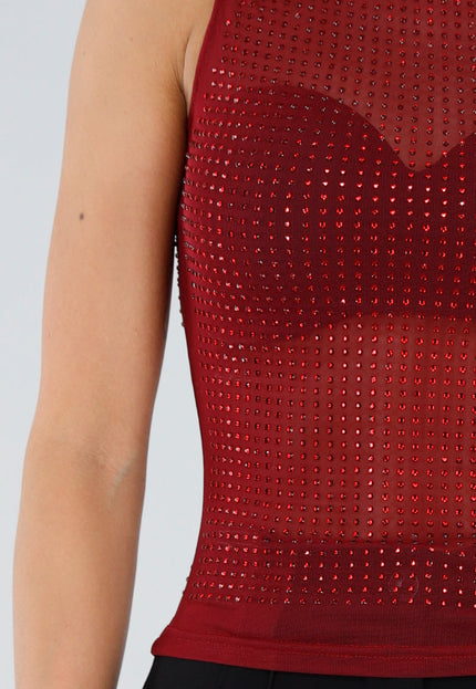 NEW211026 Bordeaux Strass Mesh Top met Hoge Hals
