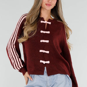 NEW211026 Bordeaux Vest met Roze Strepen en Knopen