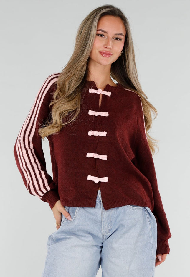 NEW211026 Bordeaux Vest met Roze Strepen en Knopen