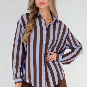 NEW211026 Bruin Blauwe Gestreepte Blouse met Knopen