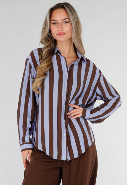 NEW211026 Bruin Blauwe Gestreepte Blouse met Knopen