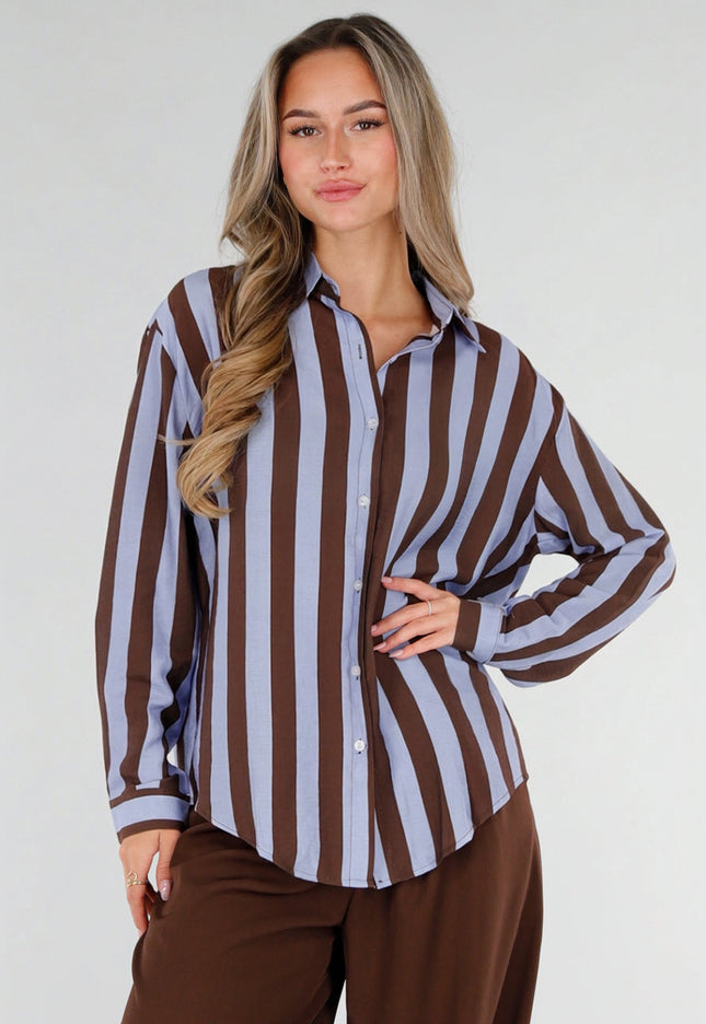 NEW211026 Bruin Blauwe Gestreepte Blouse met Knopen