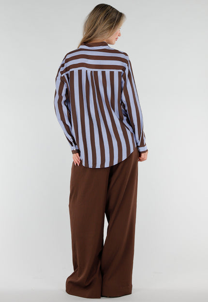 NEW211026 Bruin Blauwe Gestreepte Blouse met Knopen