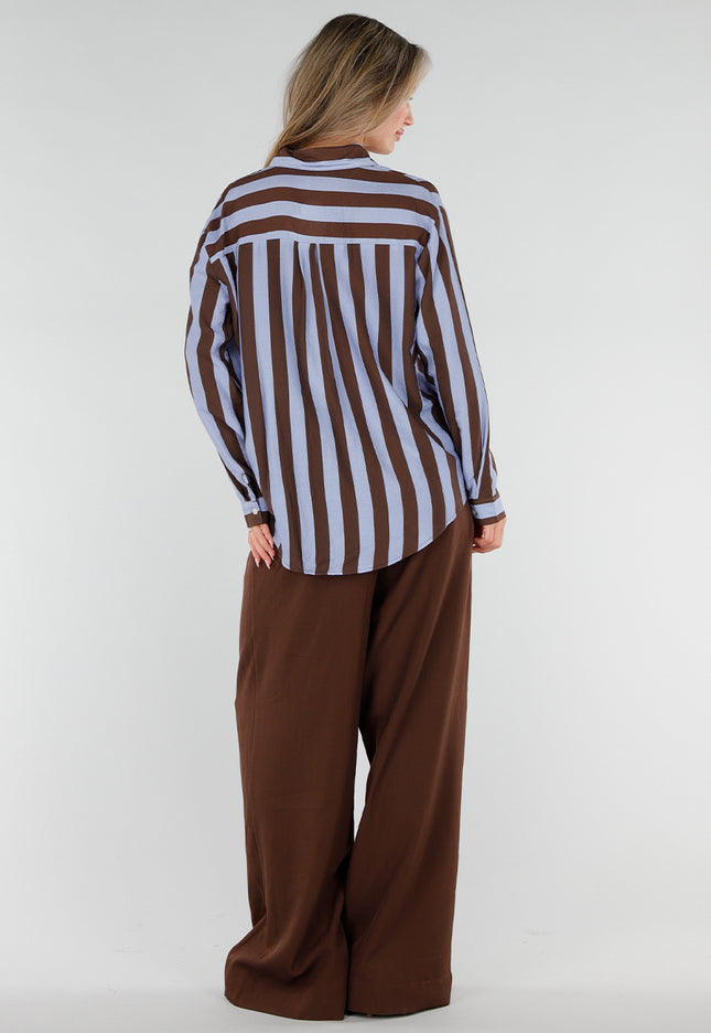 NEW211026 Bruin Blauwe Gestreepte Blouse met Knopen
