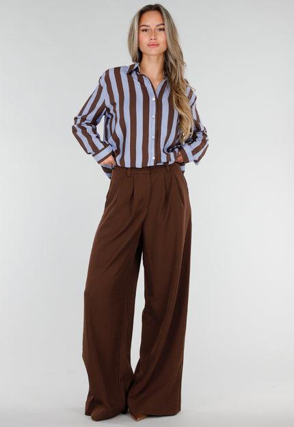 NEW211026 Bruin Blauwe Gestreepte Blouse met Knopen
