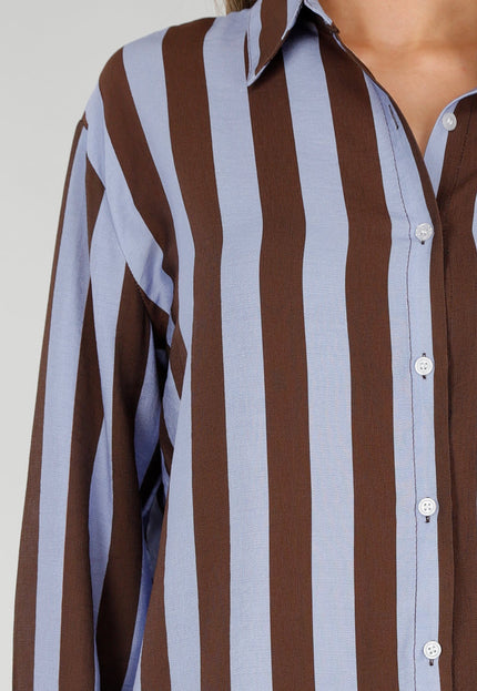 NEW211026 Bruin Blauwe Gestreepte Blouse met Knopen