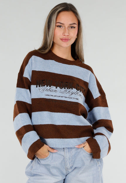 NEW211026 Bruin Blauwe Gestreepte Wollen Trui met Tekst