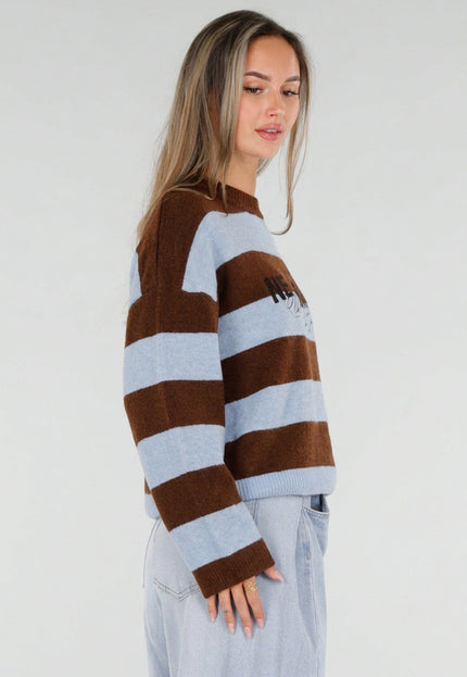 NEW211026 Bruin Blauwe Gestreepte Wollen Trui met Tekst
