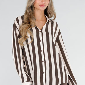 NEW211026 Bruin Ecru Gestreepte Blouse met Knopen