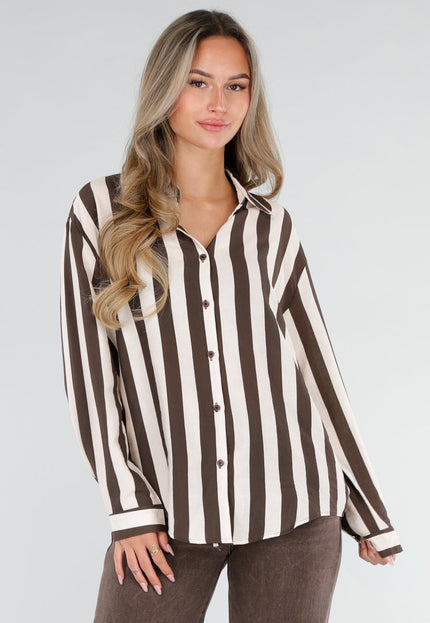 NEW211026 Bruin Ecru Gestreepte Blouse met Knopen