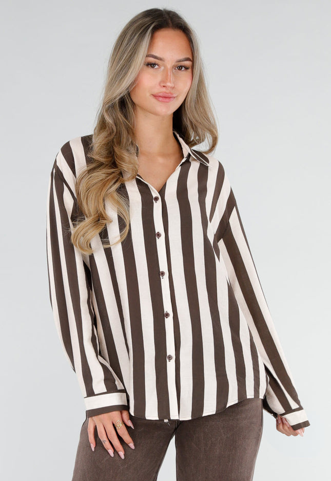 NEW211026 Bruin Ecru Gestreepte Blouse met Knopen