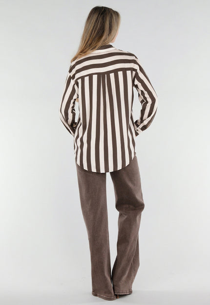 NEW211026 Bruin Ecru Gestreepte Blouse met Knopen