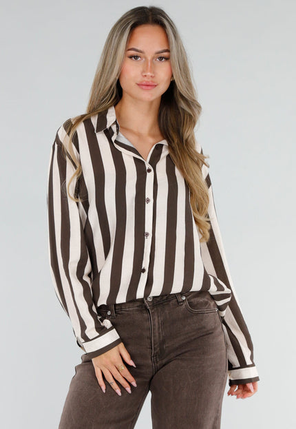 NEW211026 Bruin Ecru Gestreepte Blouse met Knopen