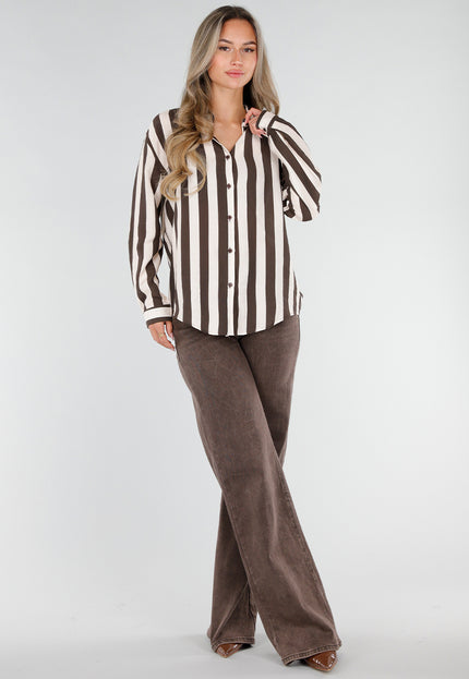 NEW211026 Bruin Ecru Gestreepte Blouse met Knopen