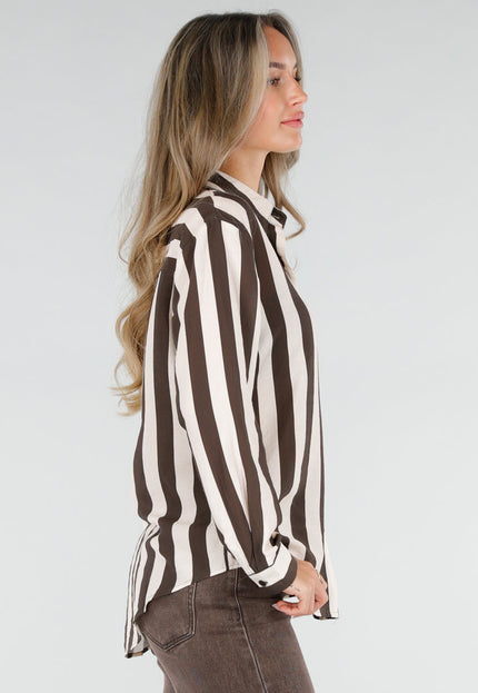 NEW211026 Bruin Ecru Gestreepte Blouse met Knopen