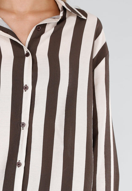 NEW211026 Bruin Ecru Gestreepte Blouse met Knopen