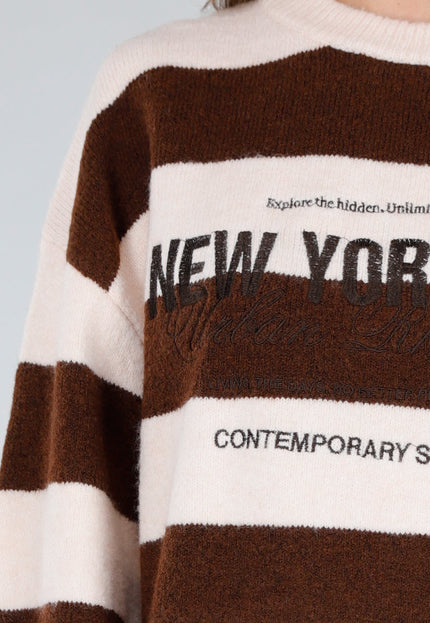 NEW211026 Bruin Gestreepte Wollen Trui met New York Tekst