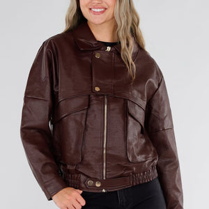 NEW211026 Bruin Lederlook Jack met Gouden Knopen