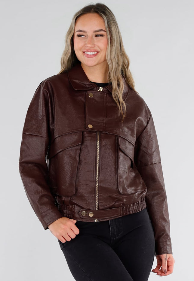 NEW211026 Bruin Lederlook Jack met Gouden Knopen