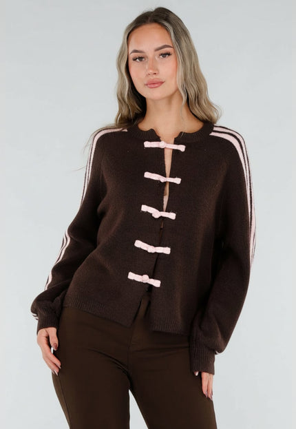 NEW211026 Bruin Wollen Vest met Roze Strepen en Knopen
