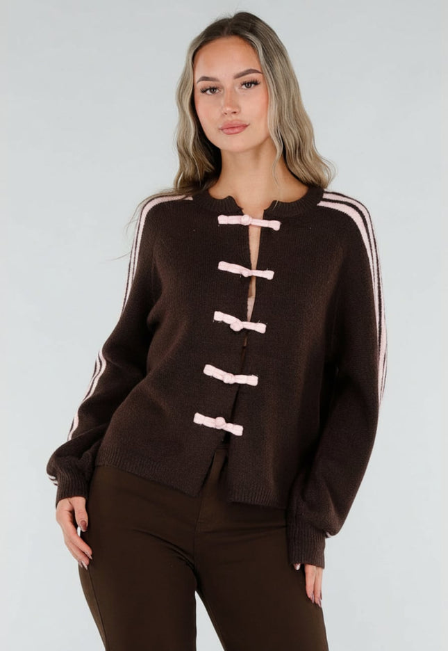 NEW211026 Bruin Wollen Vest met Roze Strepen en Knopen