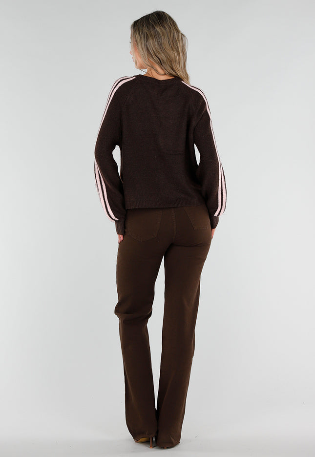 NEW211026 Bruin Wollen Vest met Roze Strepen en Knopen