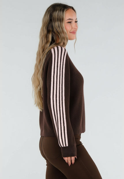 NEW211026 Bruin Wollen Vest met Roze Strepen en Knopen