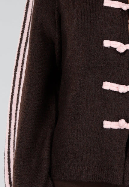 NEW211026 Bruin Wollen Vest met Roze Strepen en Knopen