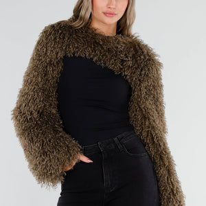 NEW211026 Bruine Faux Fur Bolero met Lange Mouwen