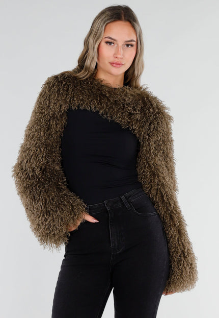 NEW211026 Bruine Faux Fur Bolero met Lange Mouwen