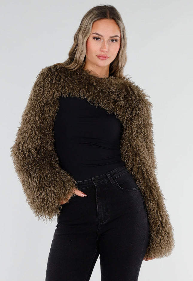 NEW211026 Bruine Faux Fur Bolero met Lange Mouwen