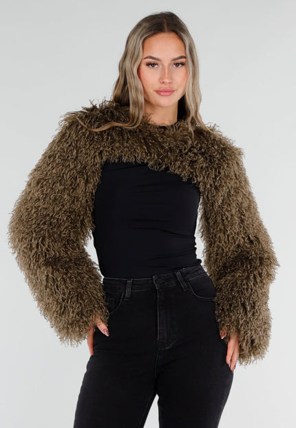 NEW211026 Bruine Faux Fur Bolero met Lange Mouwen