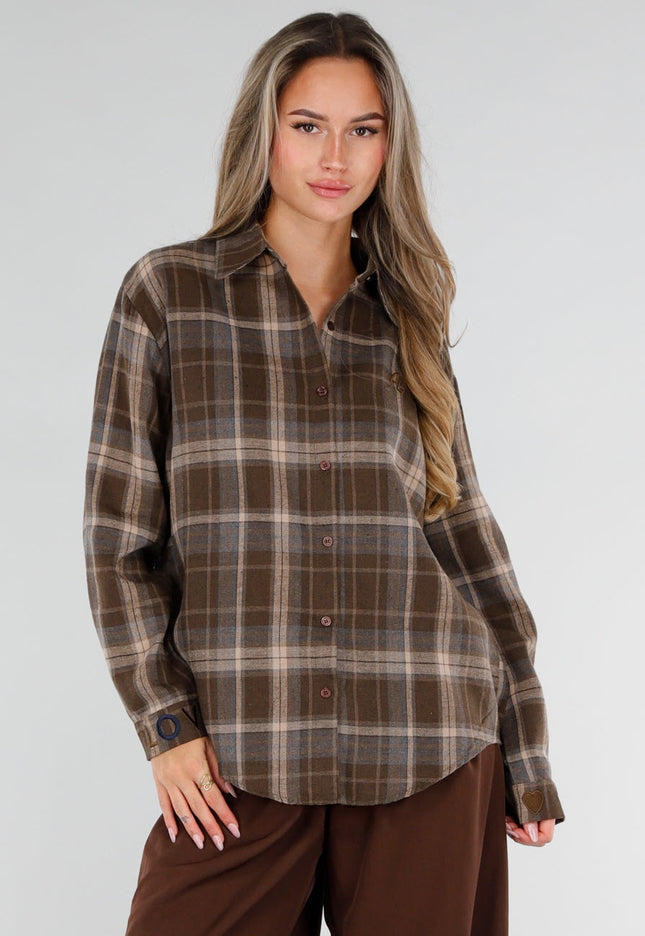 NEW211026 Bruine Geruite Blouse met Borduursels