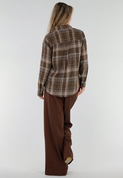 NEW211026 Bruine Geruite Blouse met Borduursels