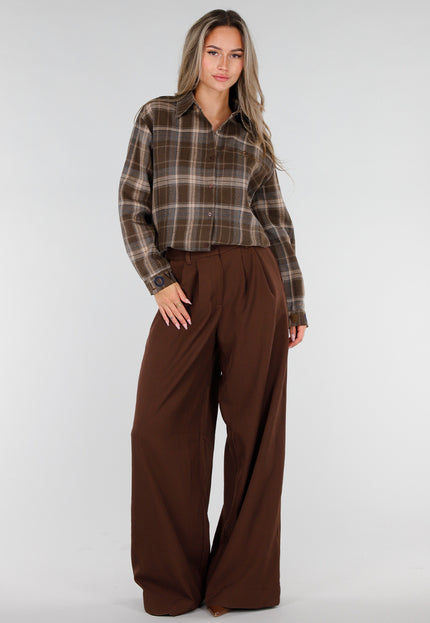 NEW211026 Bruine Geruite Blouse met Borduursels