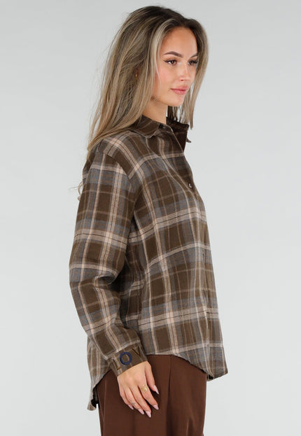 NEW211026 Bruine Geruite Blouse met Borduursels