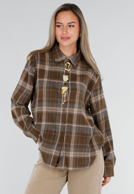 NEW211026 Bruine Geruite Blouse met Goudkleurige Broches