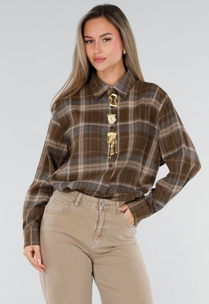 NEW211026 Bruine Geruite Blouse met Goudkleurige Broches