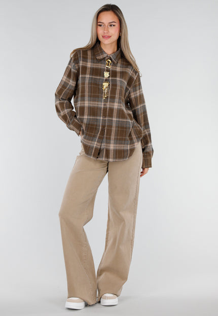 NEW211026 Bruine Geruite Blouse met Goudkleurige Broches