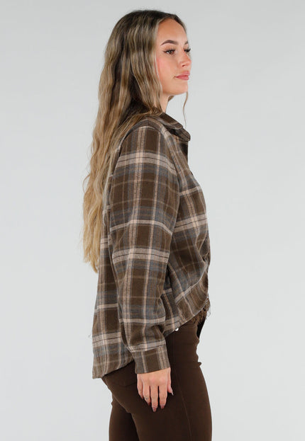 NEW211026 Bruine Geruite Blouse met Kant