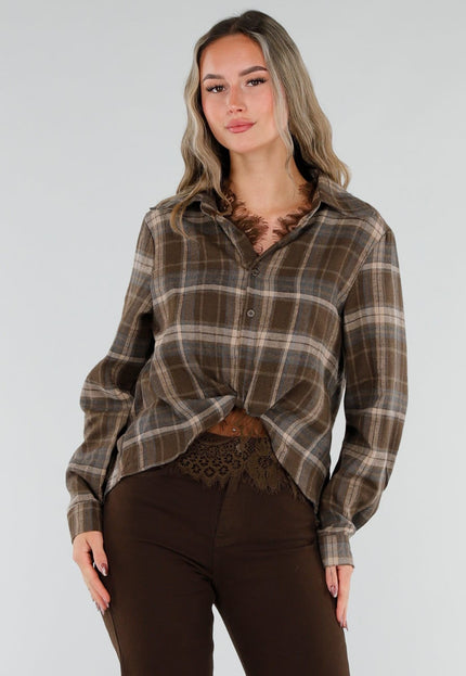 NEW211026 Bruine Geruite Blouse met Kant