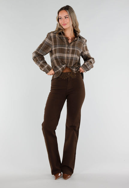NEW211026 Bruine Geruite Blouse met Kant
