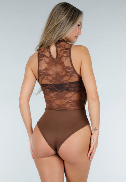 NEW211026 Bruine Kanten Body met Gedrapeerde Hals
