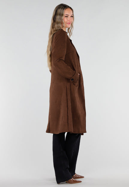NEW211026 Bruine Lange Suedelook Jas met Knopen
