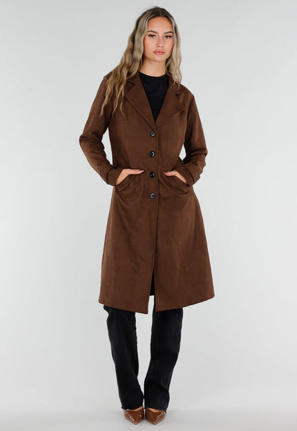 NEW211026 Bruine Lange Suedelook Jas met Knopen