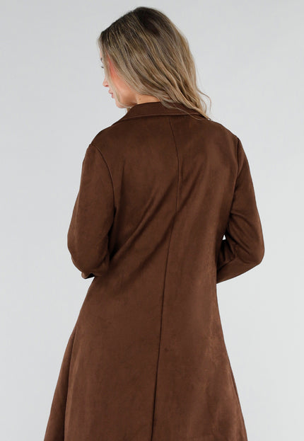 NEW211026 Bruine Lange Suedelook Jas met Knopen