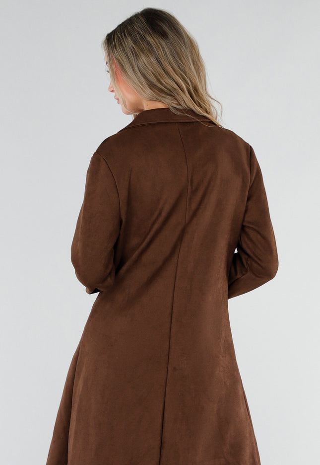NEW211026 Bruine Lange Suedelook Jas met Knopen