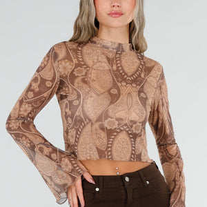 NEW211026 Bruine Mesh Top met Paisley Print
