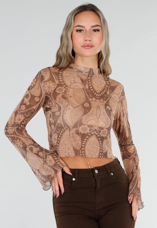 NEW211026 Bruine Mesh Top met Paisley Print