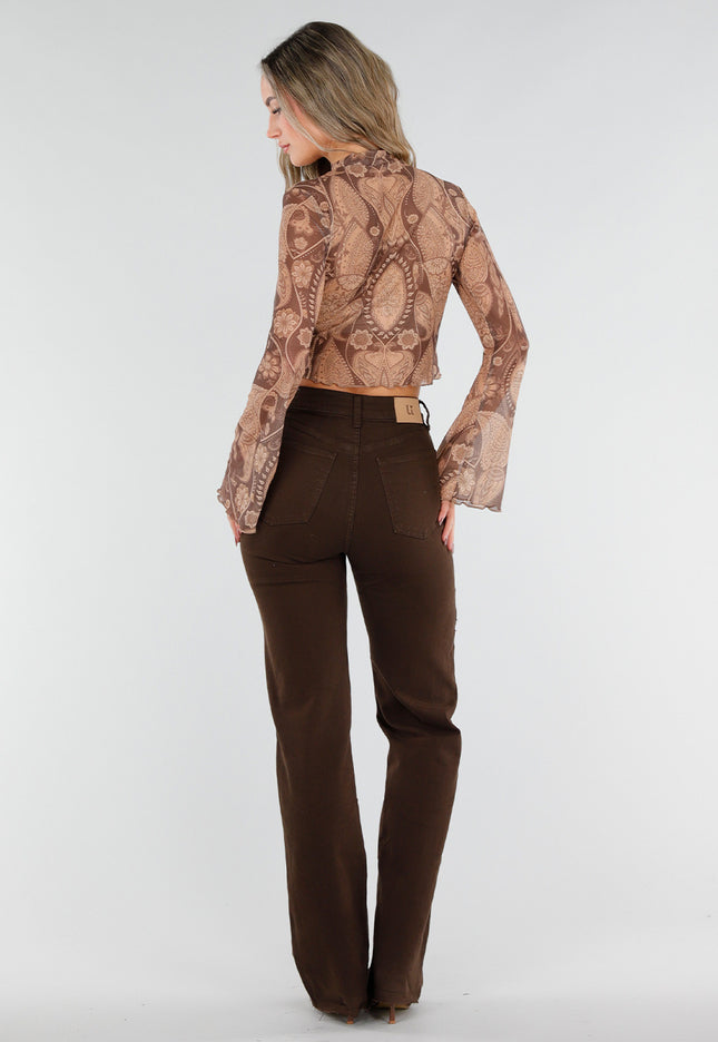 NEW211026 Bruine Mesh Top met Paisley Print